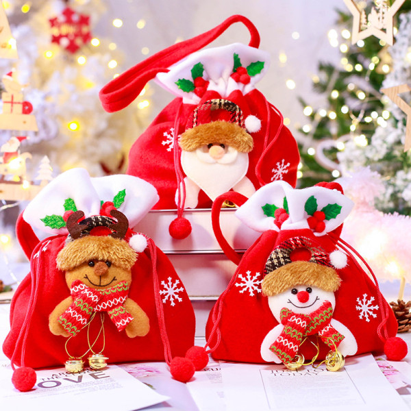 Tecknad glödande presentpåse för juldekorationer, perfekt för barns julklappar med klockor och äppeldesign