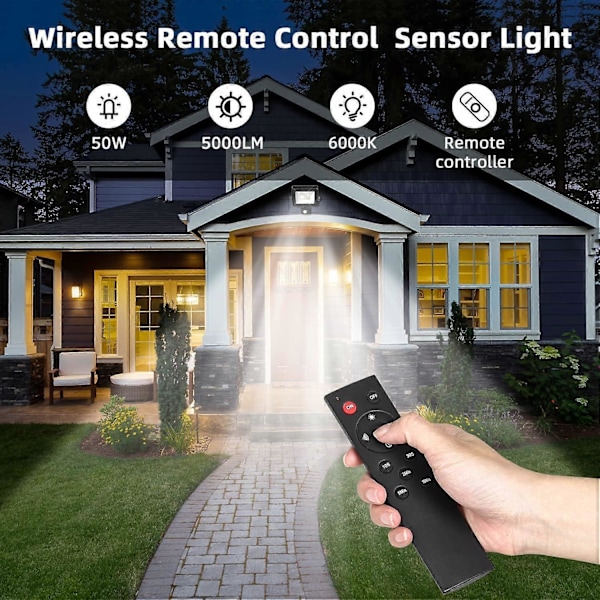 50W 5000 Lumen LED-strålkastare med PIR-sensor, IP66 Vattentät Utomhusvägglampa med Fjärrkontroll för Trädgård, Bakgård, Garage