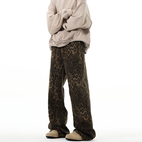 Tan Leopard Jeans Dam Jeans, Man Oversize Vida Ben, Streetwear Byxor, Cargobyxor, Y2K Byxor, Harajukubyxor, Leoparder