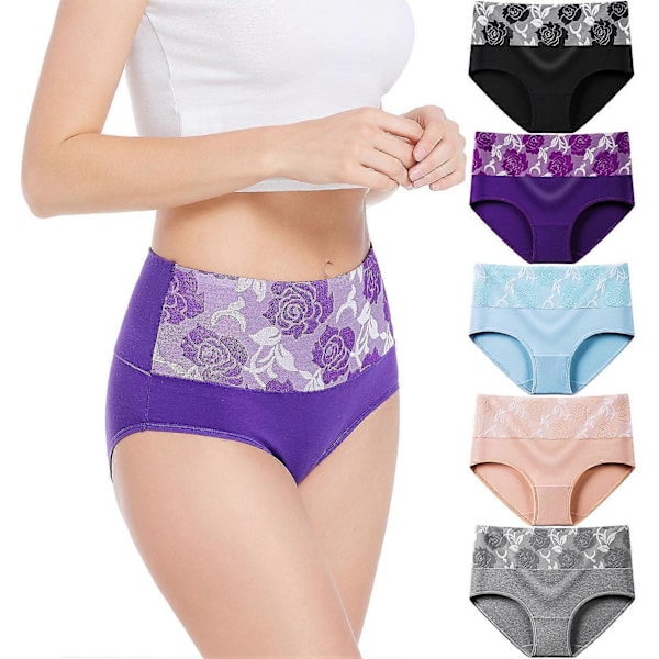 Högmidjade trosor för dam, rosor, bomullstrosor, underkläder med full täckning, plus size, flerpack (L)