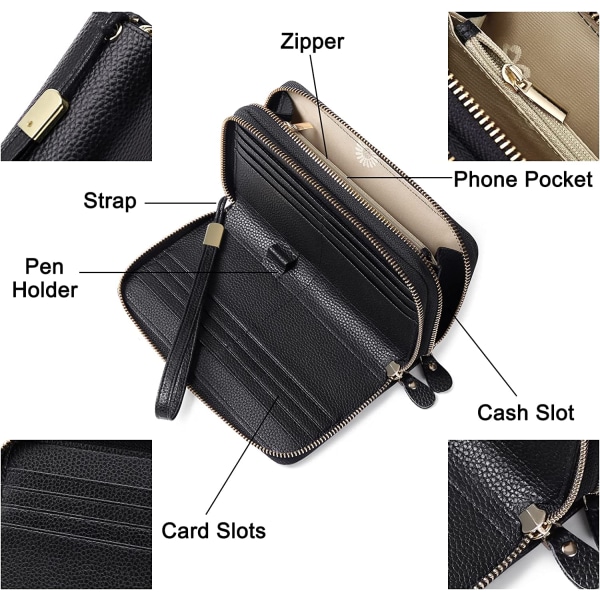 RFID-blockerande läderdragkedja Stor plånbok för kvinnor kreditkort
