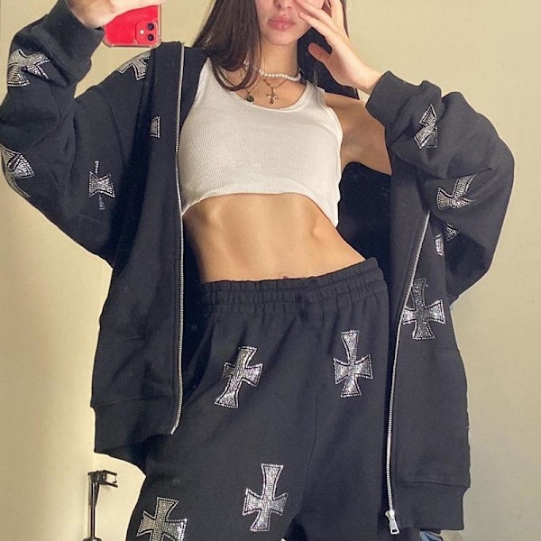 2023 Oversized Zip Up Hoodie Sweatshirt för Kvinnor Y2k Gotisk Skelett Tryck Pullover Cardigan Jacka med Ficka