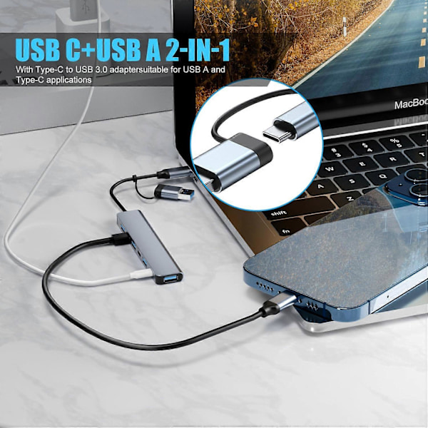 Aluminium 7 i 1 USB C Hub med 7 USB-portar Ultra Slim Portabel USB Splitter Adapter