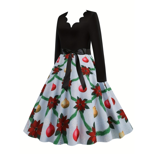 Julklänning med grafiskt print , vintage V-ringad långärmad klänning, Multicolor XXL(18)