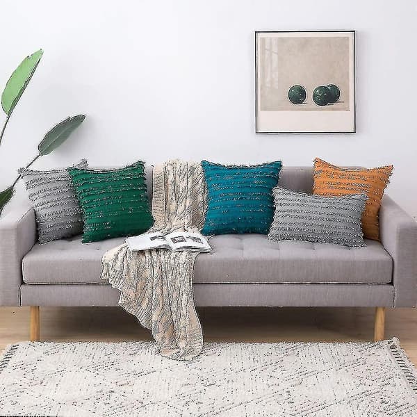 Set med 2 dekorativa Boho prydnadskuddar Linne Randigt Jacquard Mönster Kuddfodral för Soffa Vardagsrum Sovrum 30x50 cm Ljusgrå
