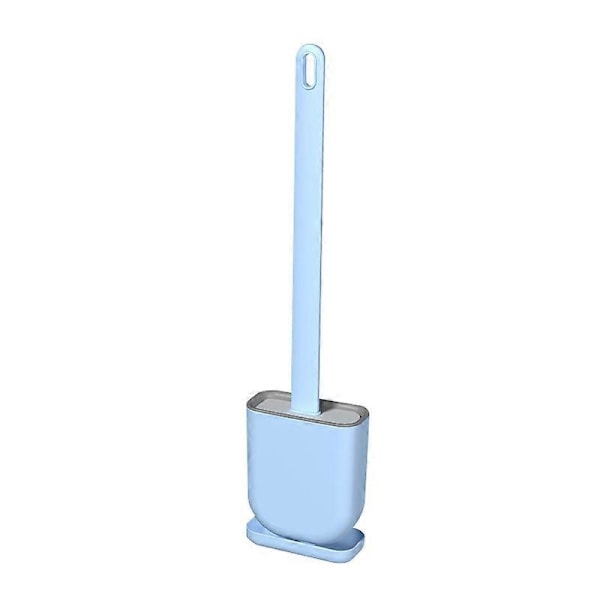 Toalettborste och hållare i silikon med halkfritt långt plasthandtag &amp; mjuk flexibel borstbas för droppsäker väggmonterad borste (Blå 1-pack)