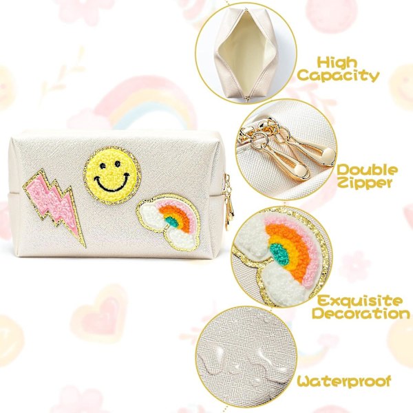 Preppy Patch Liten Toalettväska Smile Lightning Heart PU Läder Portabel Vattentät Smink Kosmetisk