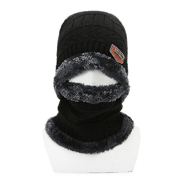 Vinter Vadderad Mössa Halsduk Set Varm Stickad Mössa Tjockt Fleecefoder Nackvärmare För Män Kvinnor