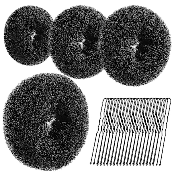 Hårknutformare Set, 4 Storlekar Svart Donut Hårknutmakare och 20 Gyllene Hårnålar för Blont Hår, Chignon Hårknutmakare Hårring Stilaccessoarer