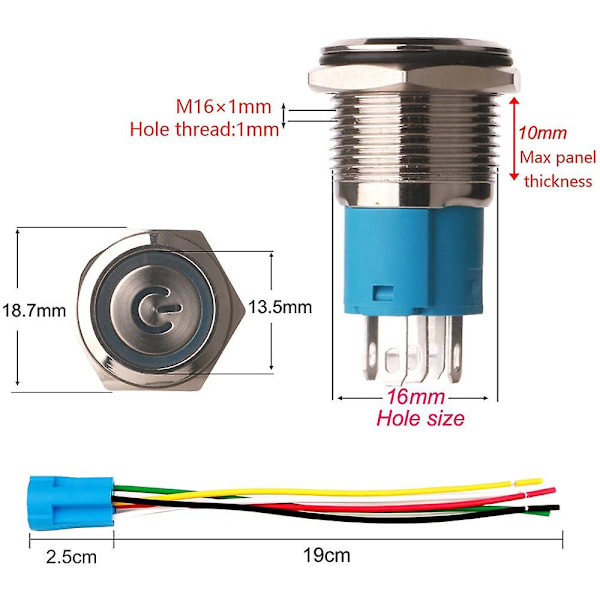 2 Låsande Tryckknappsbrytare 1NO1NC Rostfritt Stål Vattentät 220V-230V/5A för 16mm Monteringshål (Blå+Röd)