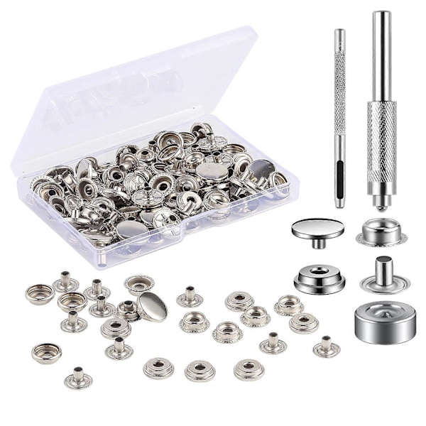 12 st Tryckknappar Hattknapp, Rostfritt Stål Snäppfästen Kit med Handverktyg, Omedelbara Metallknappar Inga Sömnadsklämmor Snäpp för Kläder