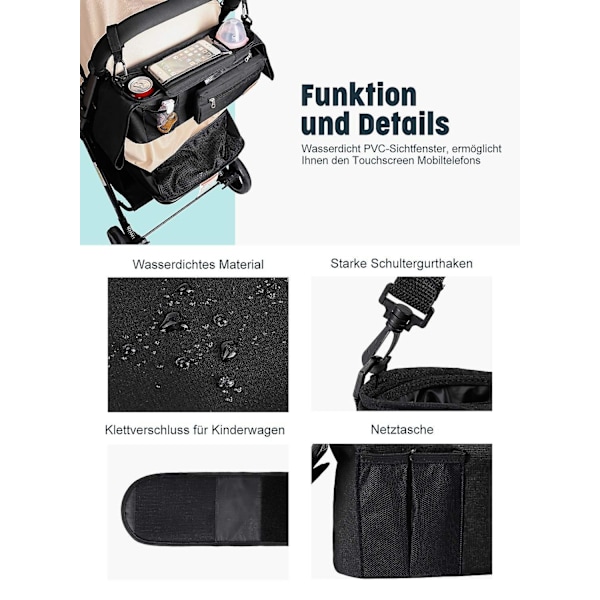 Barnvagn Organizer med Isolerad Dryckeshållare/Mugghållare Barnvagns Väska Buggy Organizer Väska Universal Mul