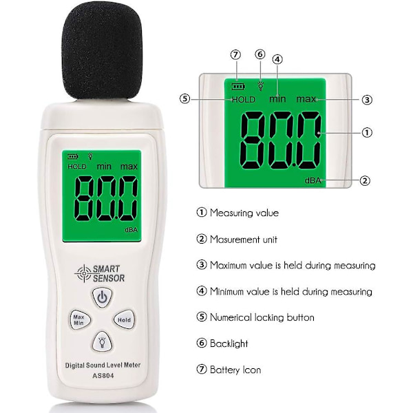 Digital ljudnivåmätare, digital decibelmätare, 30-130dBA, Min/Max-data, lågt batteri, bakgrundsbelyst LCD-skärm, automatisk avstängning