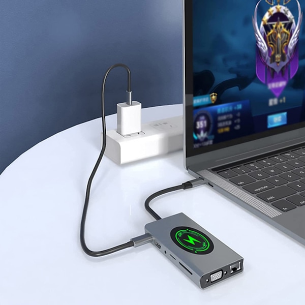 15-i-1 USB C Hub Adapter USB-C Dockningsstation med 4K HDMI VGA RJ45 Trådlös Laddare 100W PD SD TF för Macbook Pro Huawei Mate
