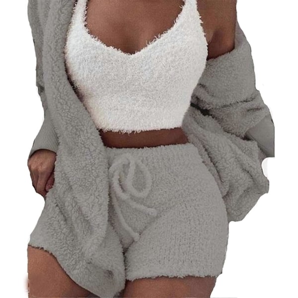 Dam Vinter Plysch Hemmakläder grå 3-delad Pyjamas Långärmad Fluffig Jacka med Öppen Framsida & Shorts & Väst Set Håll Värmen Kläder