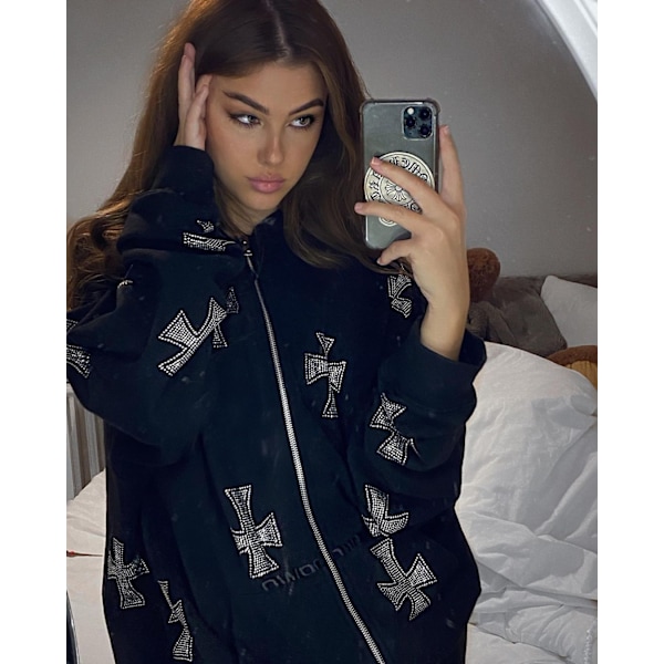 2023 Oversized Zip Up Hoodie Sweatshirt för Kvinnor Y2k Gotisk Skelett Tryck Pullover Cardigan Jacka med Ficka