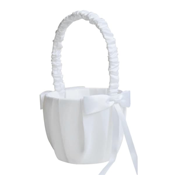 Vit Blommaflickebasket Bröllop, Satin Blomma Basket Bröllopsfest för Blommaflicka