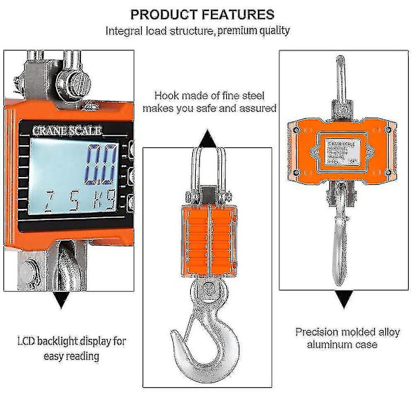 Digital Kranvåg 1000 kg/2204 lbs Portabel Kraftig Kranvåg LCD Bakgrundsbelysning Industriell Kran