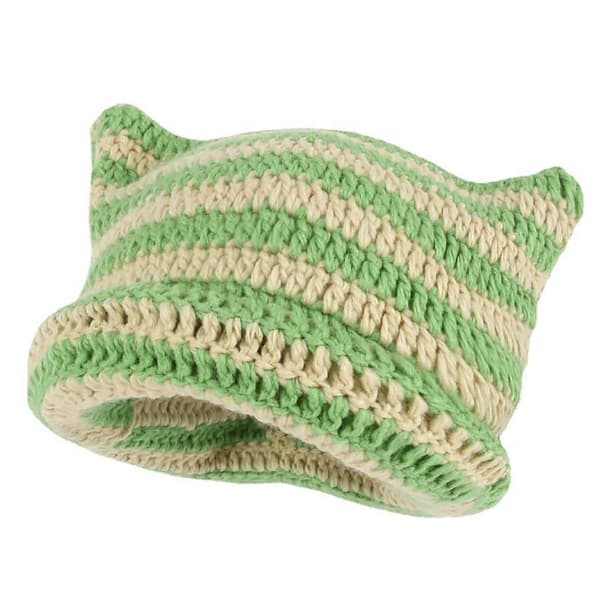 Virkmössor med kattöron, stickad randig varm elastisk vintermössa, beige och grön