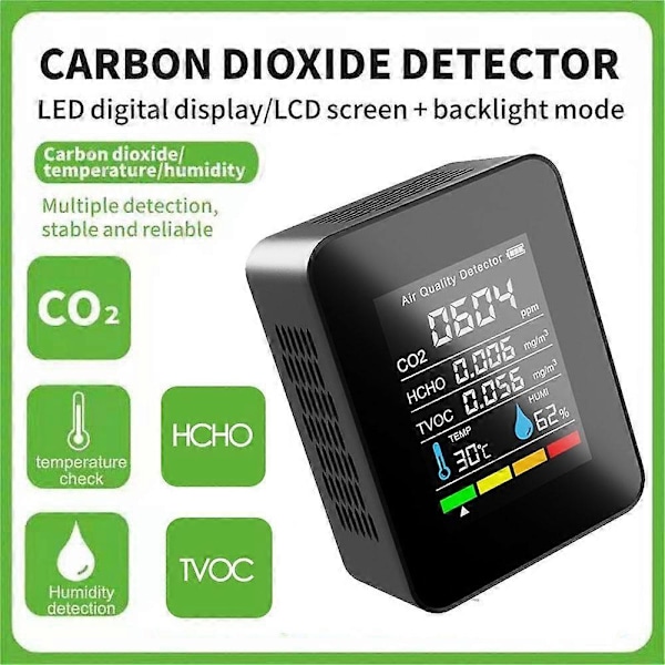 5 i 1 CO2 digital termometer fuktighetstestare koldioxid tvoc hcho luftkvalitetsmätare