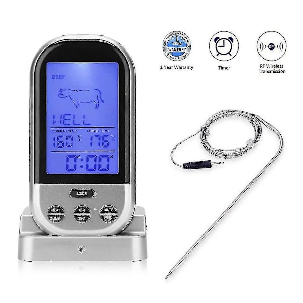 Trådlös Kötttermometer för Stek/Grill, Extern Xxl-Display, 8 Köttsorter (Kötttermometer W
