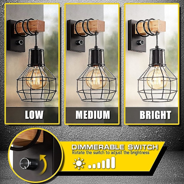Industriell Vägglampa Inomhus, Vintage Dimbar Bur Skärm med Strömbrytare, E27 Metall och Trä Rep (Utan Glödlampa)