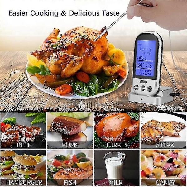 Trådlös Kötttermometer för Stek/Grill, Extern Xxl-Display, 8 Köttsorter (Kötttermometer W