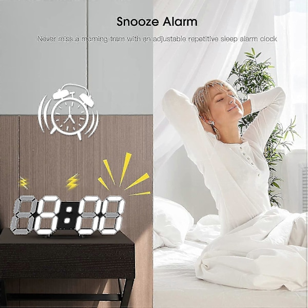 LED Digital Skrivbordsklocka 3D Liten Väckarklocka Svart 25.2cm Heminredning Tyst Dimbar Snooze Tidsminne 12/24 Datum Temperatur Nattlampa