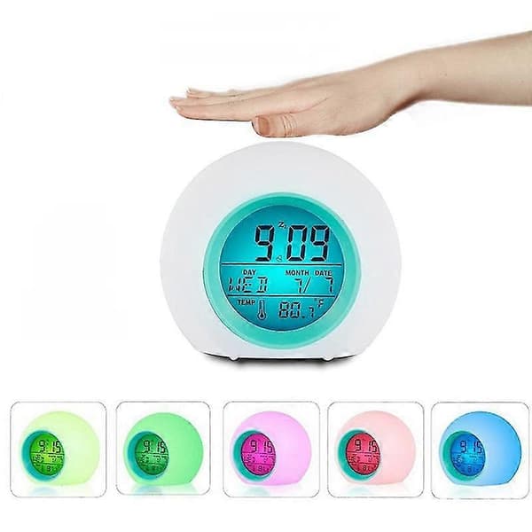 Färgglad Glödande Bakgrundsbelysning Rund LED Väckarklocka Termometer Kalender Display Väckning Elektronisk Klocka