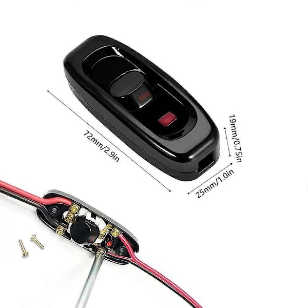 2 st Inline Strömbrytare Låg Profil Torped Strömbrytare AC 250V 10A för Sänglampa Skrivbordslampa Bordslampa Elektrisk Sladd (Svart)