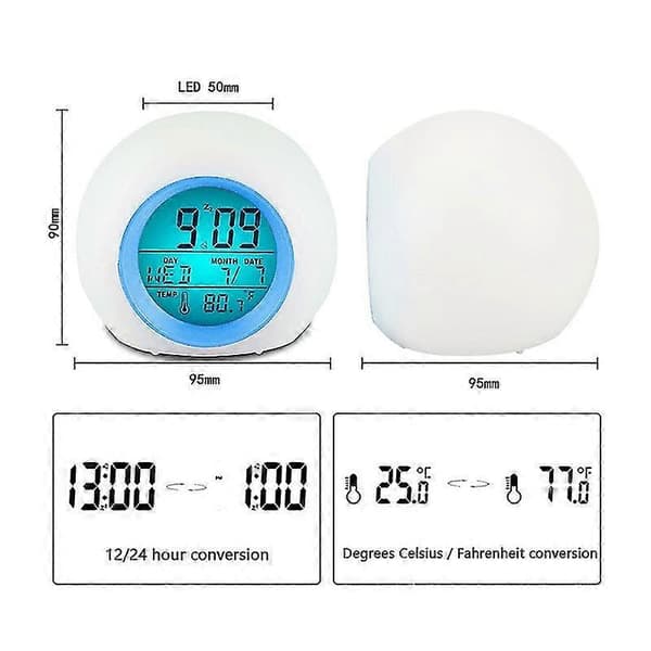 Färgglad Glödande Bakgrundsbelysning Rund LED Väckarklocka Termometer Kalender Display Väckning Elektronisk Klocka