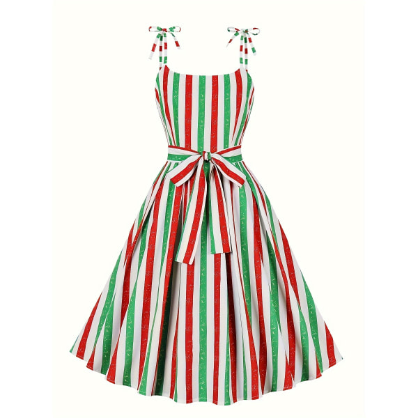 Färgglada randiga print Cami Dress, Vintage Belted Swing Aline Sl Mixed Colors L(12/14)