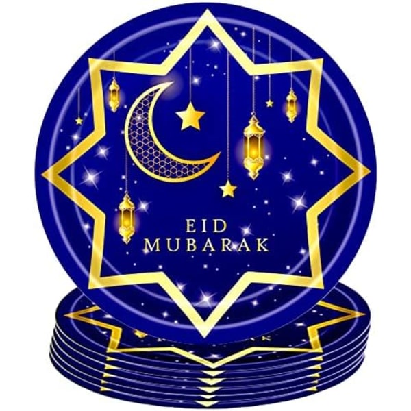 16 st Ramadan Eid Mubarak engångspapperstallrikar 7 tum, Eid Al- Blue Plates 7in 16P