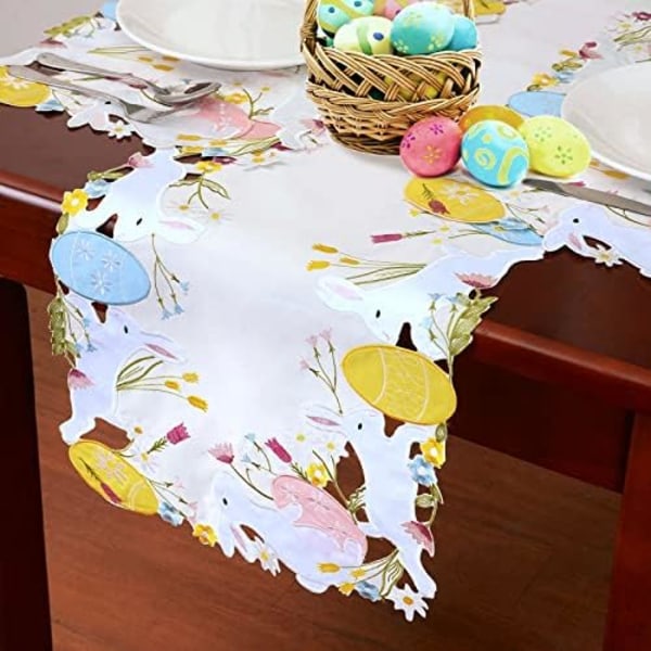 Broderade färgglada ägg och kaninbordsscarf Cream 14 x 69 inches