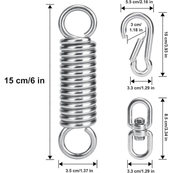 Fjäderupphängningskit 250KG Kapacitet, 2x M10 Karbinhakar, 1x Upphängningsfjäder och 1x 360 Roterbar ring, för Hängmatta Gungstol