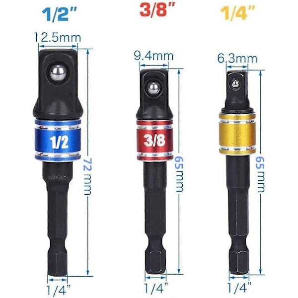 Set med 3 sexkantsadaptrar till 1/4\", 1/2\", 3/8\" fyrkant, svart, för sladdlösa skruvdragare.