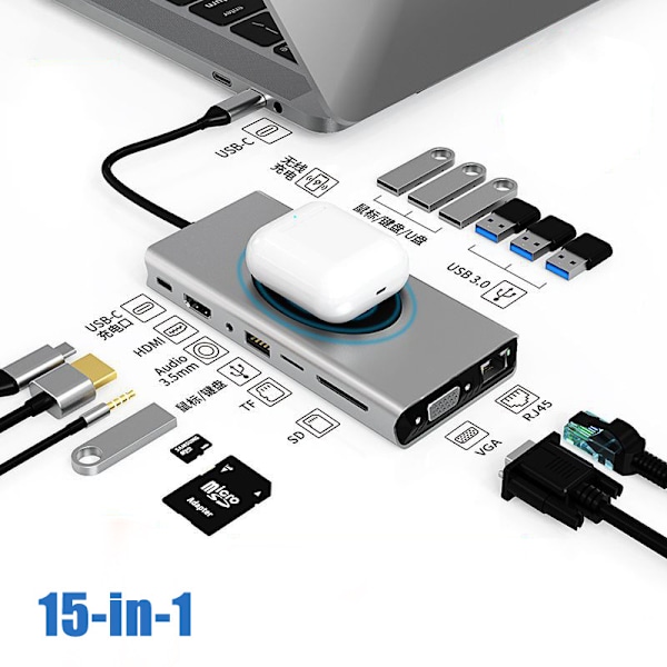15-i-1 USB C Hub Adapter USB-C Dockningsstation med 4K HDMI VGA RJ45 Trådlös Laddare 100W PD SD TF för Macbook Pro Huawei Mate