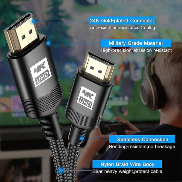 Kabel 4,5m, HDMI 2.0 Kabel Hög Hastighet 18gbps Guldpläterad Nylonflätad HDMI-kabel