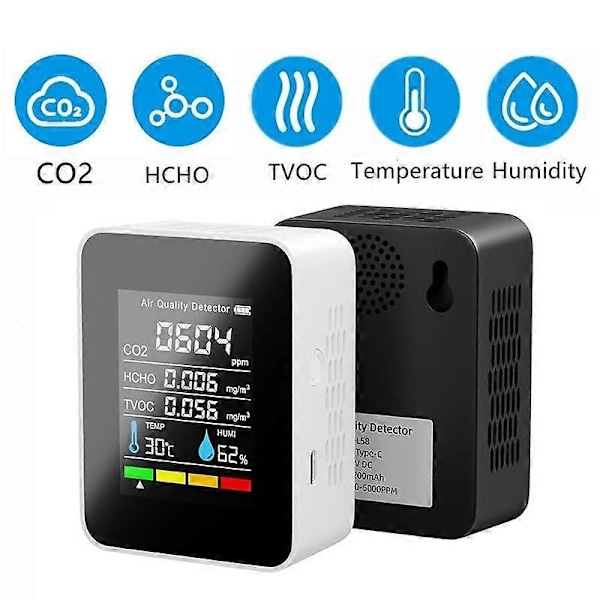 5 i 1 CO2 digital termometer fuktighetstestare koldioxid tvoc hcho luftkvalitetsmätare