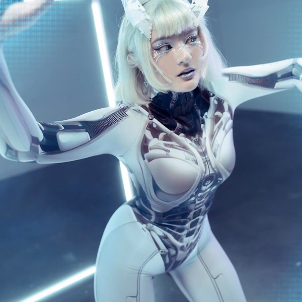 Cosplay Vit Droiddräkt, Sexig Cosplay Robotdräkt för Kvinnor, Robot Halloween Bodysuit för Vuxna, Spandex Heldräkt Cosplaydräkt, Cyborg Bodysuit M