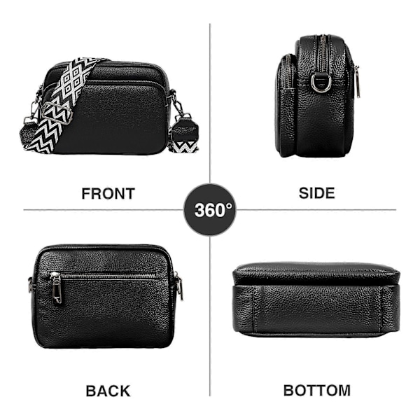 Axelväska i Läder Dam Svart Crossbody Väska Dam Bred Rem Liten Axelväska Dam med 2 Breda Axelremmar Crossbag Axelväska Dam