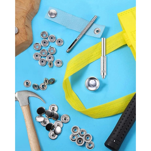 12 st Tryckknappar Hattknapp, Rostfritt Stål Snäppfästen Kit med Handverktyg, Omedelbara Metallknappar Inga Sömnadsklämmor Snäpp för Kläder