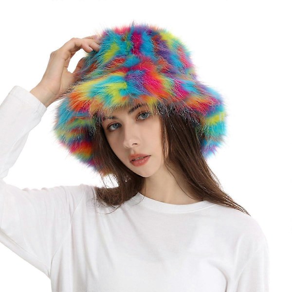 Elegant Fluffig Kvinnors Hinkhatt Vinter Faux Päls Fuzzy Varm Mössa Hatt Blandade Färger Plysch Fiskarehatt Justerbar, färgglad