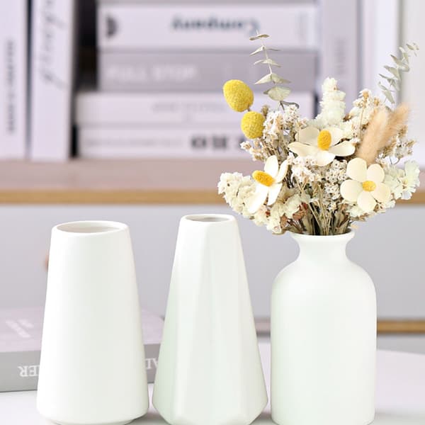 Vit keramisk vas, set med 3 vaser för pampasgräs, modern boho rustik inredning, 15 cm