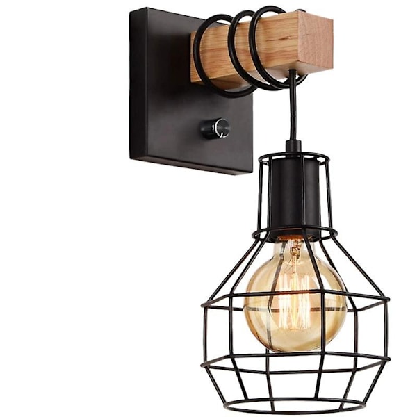 Industriell Vägglampa Inomhus, Vintage Dimbar Bur Skärm med Strömbrytare, E27 Metall och Trä Rep (Utan Glödlampa)