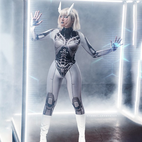 Cosplay Vit Droiddräkt, Sexig Cosplay Robotdräkt för Kvinnor, Robot Halloween Bodysuit för Vuxna, Spandex Heldräkt Cosplaydräkt, Cyborg Bodysuit M