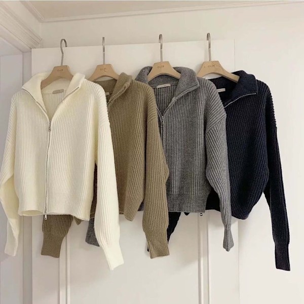 ZIP UP Kofta Dragkedja Tröja Stickad Krage Tröjor Ytterkläder Toppar Enfärgad Tröja Höst Vinter Varm Dam One Size