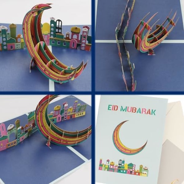 hhdatc Eid MuBarak Pop Up-kort, 3D-hälsning Ramadan Religios-kort Colorful Moon