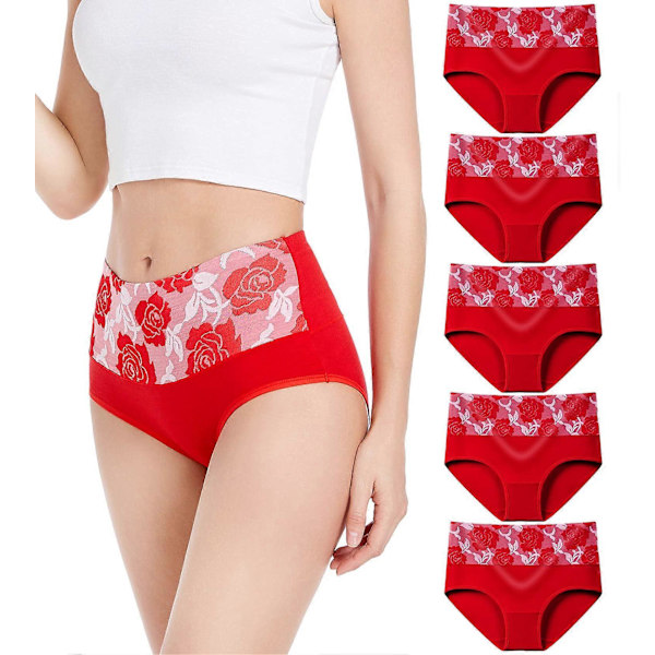 Högmidjade trosor för damer med rosor, bomullstrosor, underkläder med full täckning, plus size multipack (XL) röd
