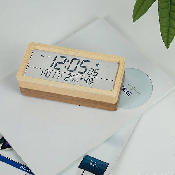 Shxx Digital väckarklocka i trä med batteri, nattlampa, snooze, kalender, temperatur och luftfuktighet, 12/24 timmars omkopplingsbar (bambu) A906-2796